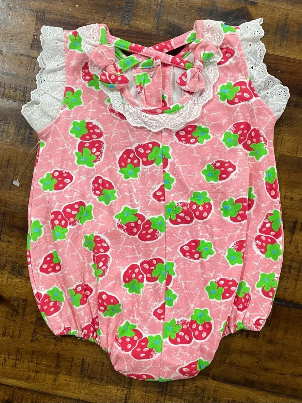 Vintage Okie Dokie Strawberry Bubble Romper 24M Rainbow Tag Lace Bows 90s